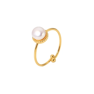 18K gold stainless steel adjustable ring with a white freshwater pearl on white background
