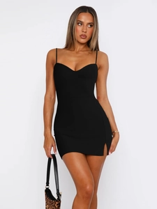 Detail of a black Y2K bodycon dress featuring thin straps and a side slit hem