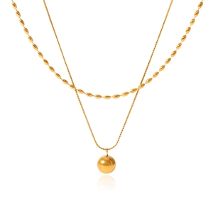 Double-layered gold stainless steel necklace with bead chain and ball pendant