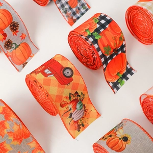 Fall themed decorative ribbons featuring pumpkins, maple leaves, and autumn harvest patterns