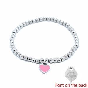 4mm beaded steel bracelet with pink heart enamel charm and engraved pendant tags
