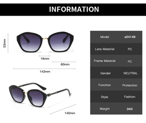 Detailed size chart and specifications for oversized polygon sunglasses s24149