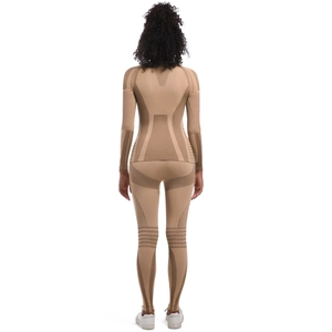 Detail of seamless knitted yoga set showing honeycomb texture and back compression zones