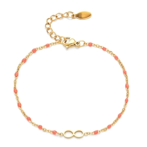 Detail of gold chain bracelet with infinity symbol and orange enamel beads on white background