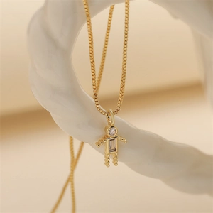 Charming gold robot pendant necklace with sparkling cubic zirconia on a box chain