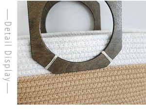 Detail display of the octagonal wooden handle and cotton rope weave connection on the bag