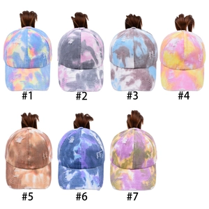Tie-dye distressed baseball caps with ponytail hole design in seven assorted colors