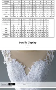 Detailed sizing chart and close-up of V-neck lace wedding dress with floral embroidery