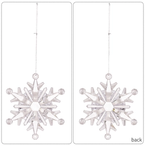 Macro detail of transparent acrylic snowflake pendant showing front and back views