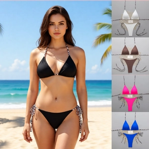 Women Sexy Bikini Halter Triangle Top Tie Side Leopard Print Straps Beachwear Swimsuit Stylish Fashion