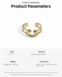 Detailed specs for a double-layer S925 silver ring with 18K gold plating and 9mm width