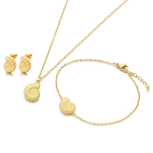 Golden ocean shell jewelry set featuring a detailed conch pendant necklace, bracelet and earrings