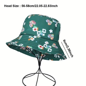 Vue détaillée du chapeau bob vert foncé avec imprimé cœur floral et spécifications