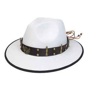 Detailed view of white western cowboy hat with brown leather band and metal eagle badge