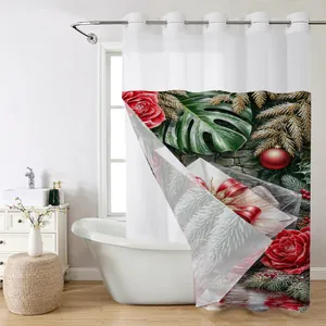 Detail of Christmas rose print on waterproof fabric shower curtain with metal rings
