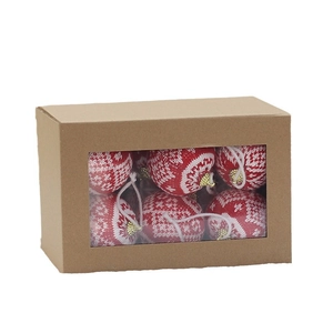 6-piece set of red and white knitted Christmas tree ornaments in a kraft window box