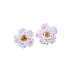 French retro beaded camellia earrings set with gold and white handmade flower design