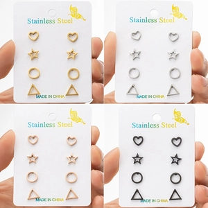 Stainless Steel Geometric Stud Earrings Set 4 Pairs Minimalist Heart Star Round Triangle Earrings For Women Fashion Jewelry