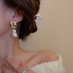 French vintage floral earrings with baroque pearls and gold-plated rectangle rose charm