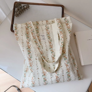 Floral Canvas Tote Bag Cotton Large Capacity Shoulder Handbag French Pastoral Style Vintage Aesthetic Women Daily