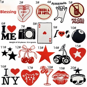 Detailed grid of 20 embroidered patches featuring cherries, cats, and hearts for clothing