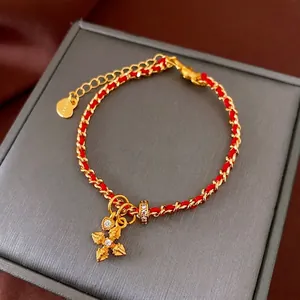 Braided Bracelet Red Thread Gold Plated Copper With Heart Cross Charms Zircon Inlay Elegant Jewelry For Women