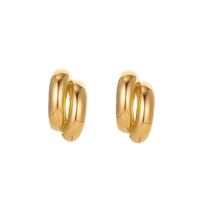 Detail shot of modern 14K gold-plated double-layered oval stud earrings with metallic texture