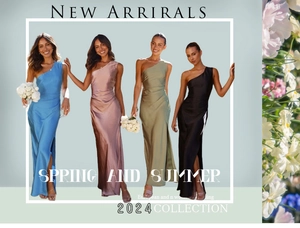 Collage of four satin one-shoulder dresses in blue, pink, green, and black colors