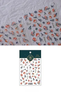 Détail macro des stickers ongles 3D TS-2693 avec fleurs rouges et feuilles bleu marine