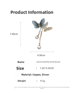 Detail of zircon butterfly brooch with dimensions 7.4x4.5cm and copper material specs