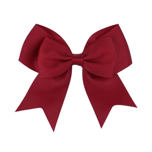 Deep red grosgrain ribbon bow hair clip with swallowtail design for girls on white background
