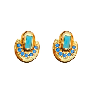 Vintage gold earrings with turquoise rectangular stones and blue crystal halo