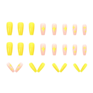 Faux ongles longs coffin jaune citron et rose nude avec motifs d'étoiles brillants
