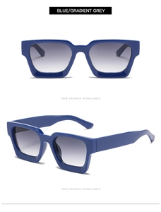 Detalle de las monturas cuadradas azules y lentes grises degradadas en estas gafas