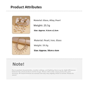 Macro detail of pearl tassel earrings and necklace with product dimensions and materials