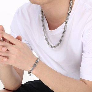Classic 10mm silver twisted rope chain necklace and bracelet set worn by male model