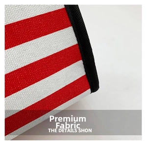 Close-up of red and white striped woven fabric texture with black webbing edge detail