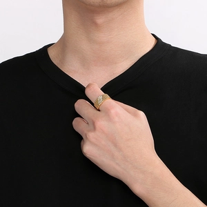 Men's 18k gold plated stainless steel ring with five rows of diamonds on finger