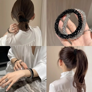 Artificial Crystal Beads Hair Tie Scrunchie High Elasticity Sparkling Dual Use Bracelet Hair Accessory For Women Girls