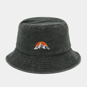Charcoal grey washed cotton bucket hat with sun and mountain embroidery for outdoor wear