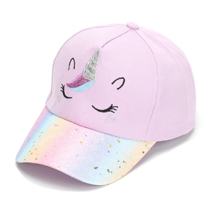 Pink kids baseball cap detail with rainbow sequin brim and unicorn embroidery