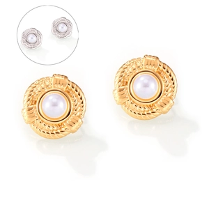 Retro geometric twisted gold and silver earrings with pearl inlay for women