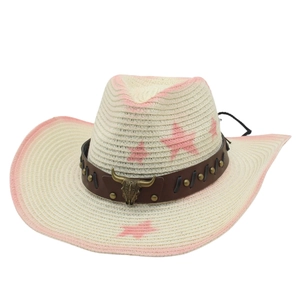 Western Cowboy Straw Hat With Metal Cow Head And Leather Band Star Print Wide Brim Breathable Sun Hat For Men Women
