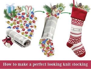 Tutorial showing red knitted Christmas stocking being filled with gifts and candies