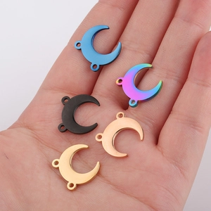 Polished stainless steel double-loop crescent moon pendants for DIY jewelry in five colors