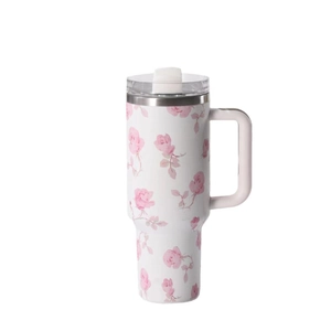 Bicchiere in acciaio 304 bianco con motivi a rose rosa, manico e cannuccia