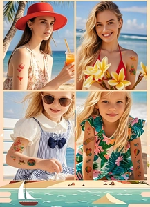 Gros plan de tatouages éphémères de plage hawaïens avec les mots Aloha et Hello colorés