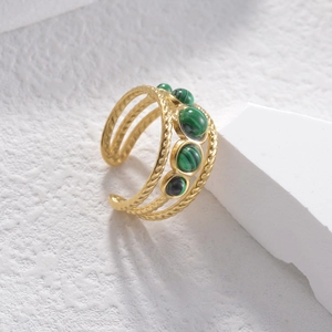 French vintage adjustable 18K gold plated wrap ring with natural green malachite stones