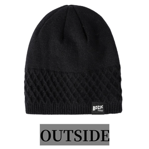 Detail of black knit beanie featuring diamond texture and ROCK trend woven patch