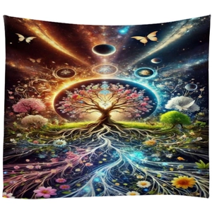Detail of colorful psychedelic mandala tapestry showing tree of life and cosmic galaxy nebula